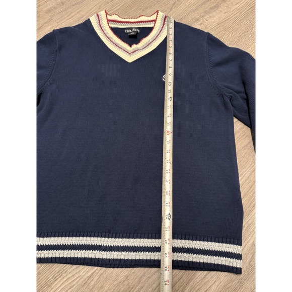 Nautica Mens XL V-Neck Sweater Navy Blue Striped Trim Cricket Style Knit XL - Picture 4 of 6